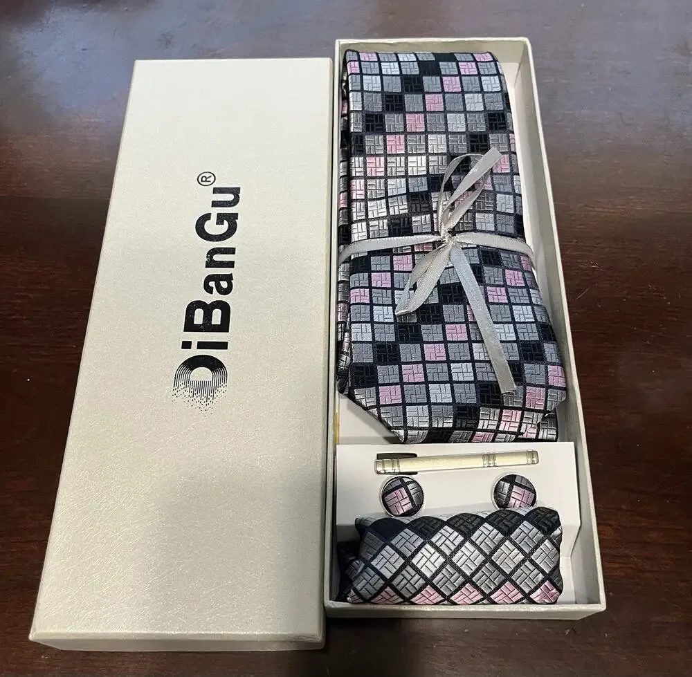 Men’s DiBanGu 4 Pc Silk Necktie Set With Pocket Square Tie Clip Cufflinks